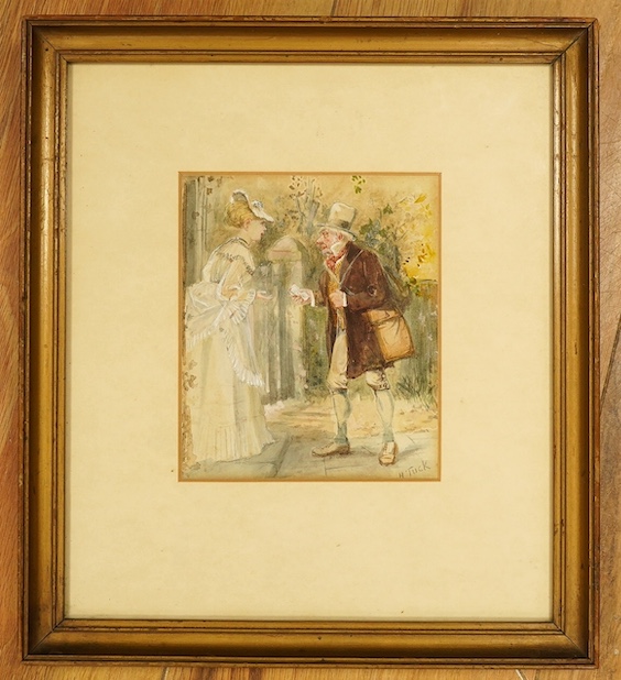 H. Tuck, heightened watercolour, Messenger and lady, signed, 13 x 10.5cm. Condition - good